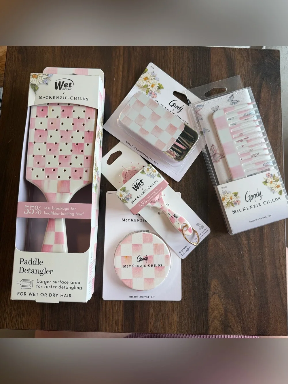MacKenzie-Childs Pink and White Check Hairbrush & Accessory Set
